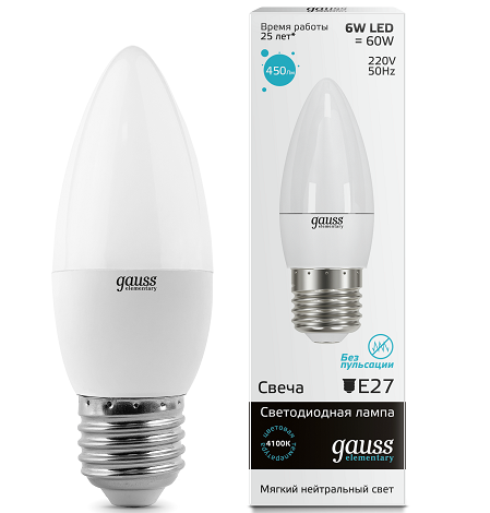 

Светодиодная лампа Gauss Elementary Candle 6W E27 4100K 33226, Elementary 33226
